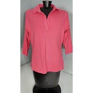 Carnoustie Golf Shirt Womens M Pink/Wht Stripe 1/2 Sleeves V-Neck Sports Outdoor